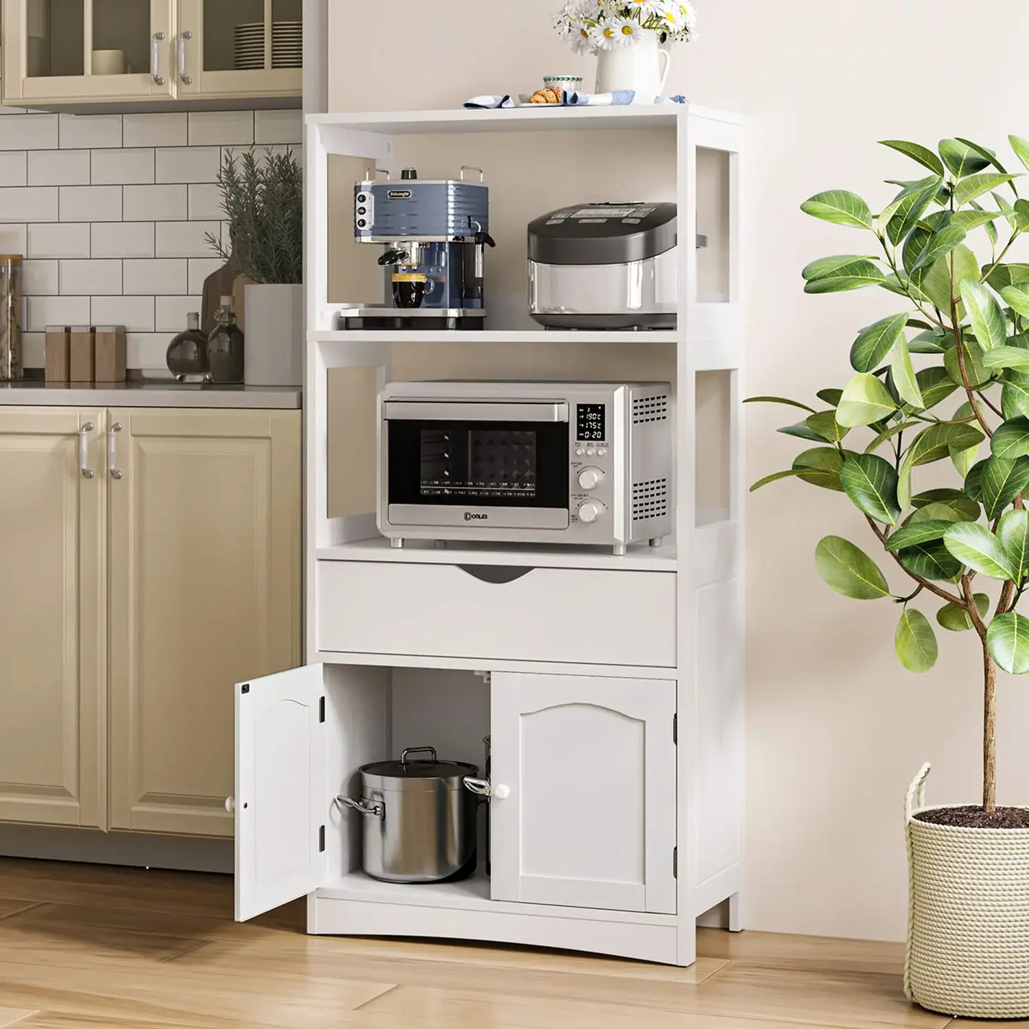 Sikaic Multifunctional Storage Cabinet with Microwave Shelf, White Kitchen Cabinet for Apartment Organization Furniture