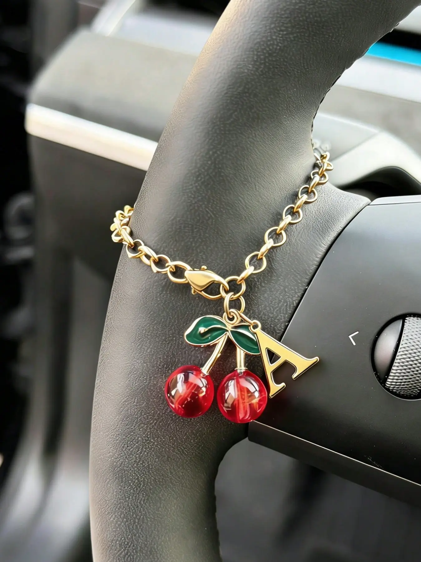 One sweet cherry pendant car steering wheel decoration chain, steering wheel bead pendant, car interior decoration, Car Interior Accessories, adjustable chain, car interior product, suitable for car decoration and bag pendant