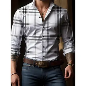 long sleeve Men'S Preppy Plaid Shirt - 100% Polyester, Long Sleeve, All-Season, Non-Stretch Fabric, Regular Fit, Single Breasted Placket, Lapel Collar, Button Details, Woven, 120gsm - Ideal for Night Out Top White