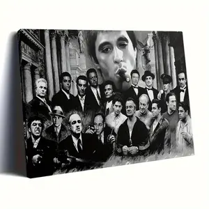 1 Piece Framed Canvas Art Print - The Godfather Movie Poster Retro Style - Don Vito and Michael Corleone - Wooden Frame (or) - Home Theater, Office Hanging Wall Decor - Classic Movie Collection Gift, 2D Graphic Design
