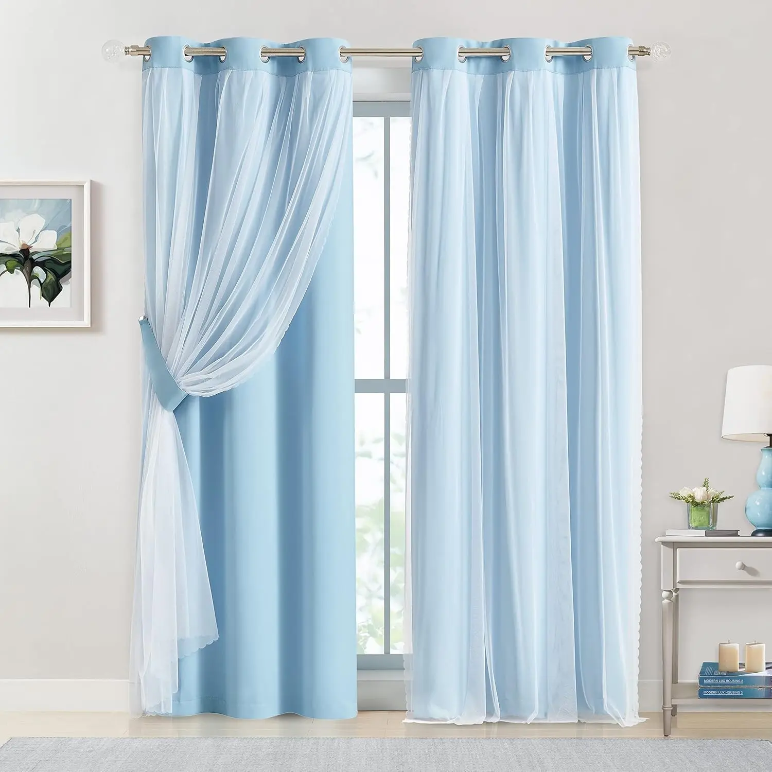 French Romantic Two-Layer Cloth Light-Blocking Finished Polyester Curtain, Fashionable Hole Drapery for Living Room, Stylish and Trendy Window Covering, Home Decoration Curtain, Window Drapes, Home Decorative Curtain