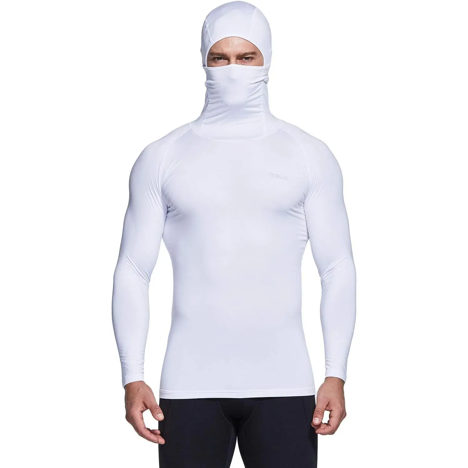 Men's Thermal Compression Hoodie with Attached Hood & Face Mask, Long-Sleeve Polyester-Elastic Spandex Mix Winter Sports Base Layer, UPF 50+ True-to-Size Running Top