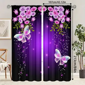 2-Piece Butterfly & Floral Print Semi-Sheer Polyester Curtains, Rod Pocket Design, Easy Installation, Perfect for Bedroom Living Room Office Decor, Window Curtain, Home Decoration Curtain