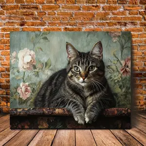 1 Piece Framed Canvas Wall Art - Green-Eyed Charming Tabby Cat with Floral Background, Cute Animal Design, 11.8x15.7inch, Printing, Suitable for Home, Office, Cafe Decoration, Ready to Hang, Cat Decoration, 2D Graphic Art, Perfect Room Decoration