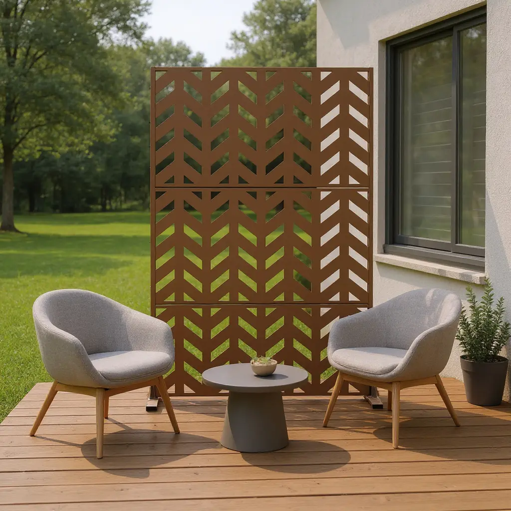 360 Stand 3-Panel Steel Frame Room Divider, 72x47x5.12 in. Brown Translucent Chevron Print, for Contemporary Home Decor