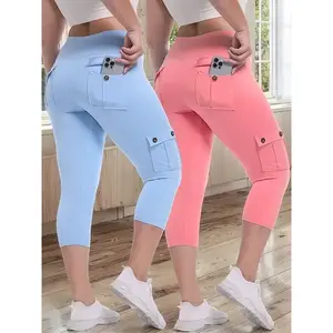 2pcs High Waist Yoga Capri Pants Set, 4-Way Stretch Butt Lifting Tummy Control, 4 Button Pockets, Spandex Material, Solid Color, Three-Quarter Length, Sports Style for Workout Running, Spring/Summer Collection, JEGGE Brand, Workout Leggings | Highwaist Pa
