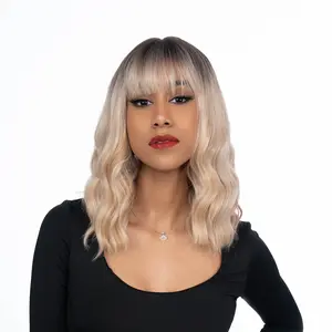 12-Inch Sand Blonde (Espresso Roots, Platinum Underlights) Cute Beach Wave Synthetic Wig | 【Heat Resistant】【Cap Included】 | #3 @28 FSGB