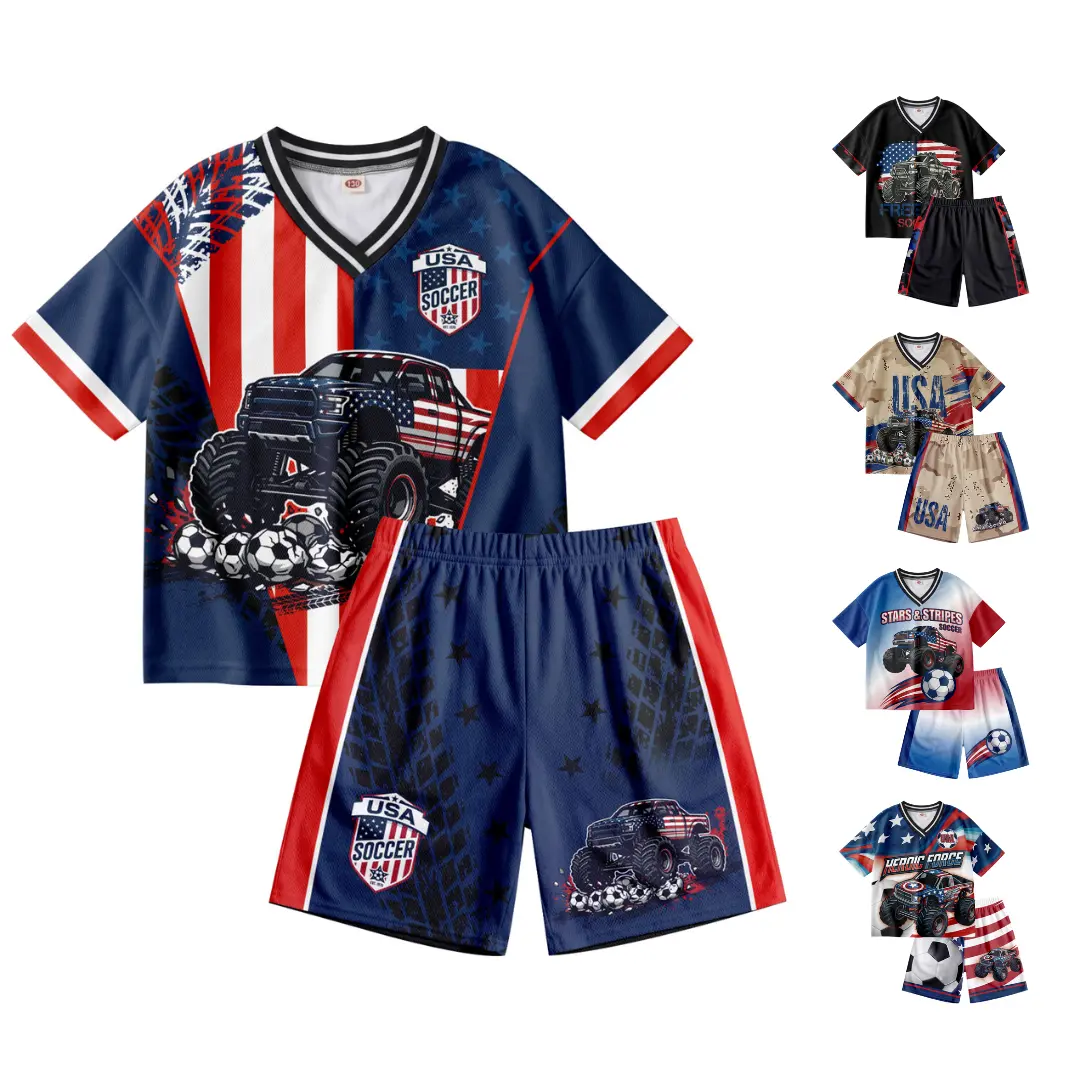 Monster Truck Kids Soccer Jersey Athletic Sports Shirt with Short Set 2026 USA Independence Day Breathable Light Weight Training Uniform 4th Of July Teen Boy Mystery Outfit 250th football