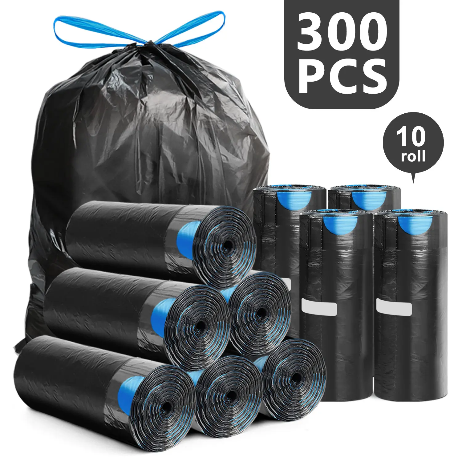 YUFEIDA 4-Gal Small Plastic Quick-Tie Trash Bags (300/150 Pack) - Drawstring Home Supplies, Leak-Proof, Odorless, Unscented, Waterproof, Tear-Resistant Disposable Bags for Bathroom, Pet Waste, Odorless Trash Bags Trashbags Bin Bags Kit