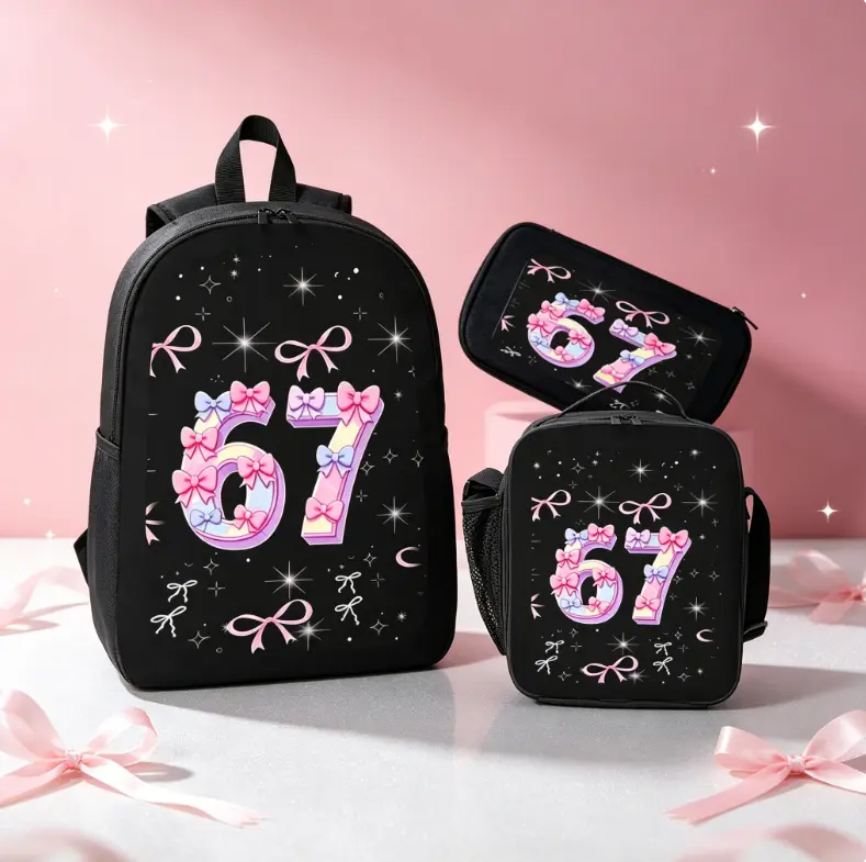 "Bow-accented '67' 3-Piece Backpack Set – Sweet Style, Unisex Student Backpack for Teens. Features laptop compartment; suitable for casual daily use, boys and girls. Ideal for back-to-school gifts, travel, and school."