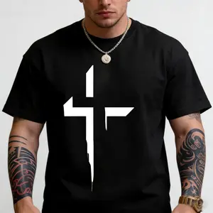 Casual Black Cotton T-Shirt with Bold White Cross Print, Crew Neck, Slight Stretch, Regular Fit, Knit Fabric,