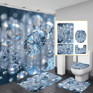 1PC/4PCS 2D Flat Blue Diamond Crystal Cluster Pattern Shower Curtain with Multicolor Background, Modern Personalized Home Bathroom Art Decor, Shower Curtain Set with 12 Hooks, Bathroom Non-Slip Mat, U-shaped Non-Slip Mat, Toilet Seat Cover