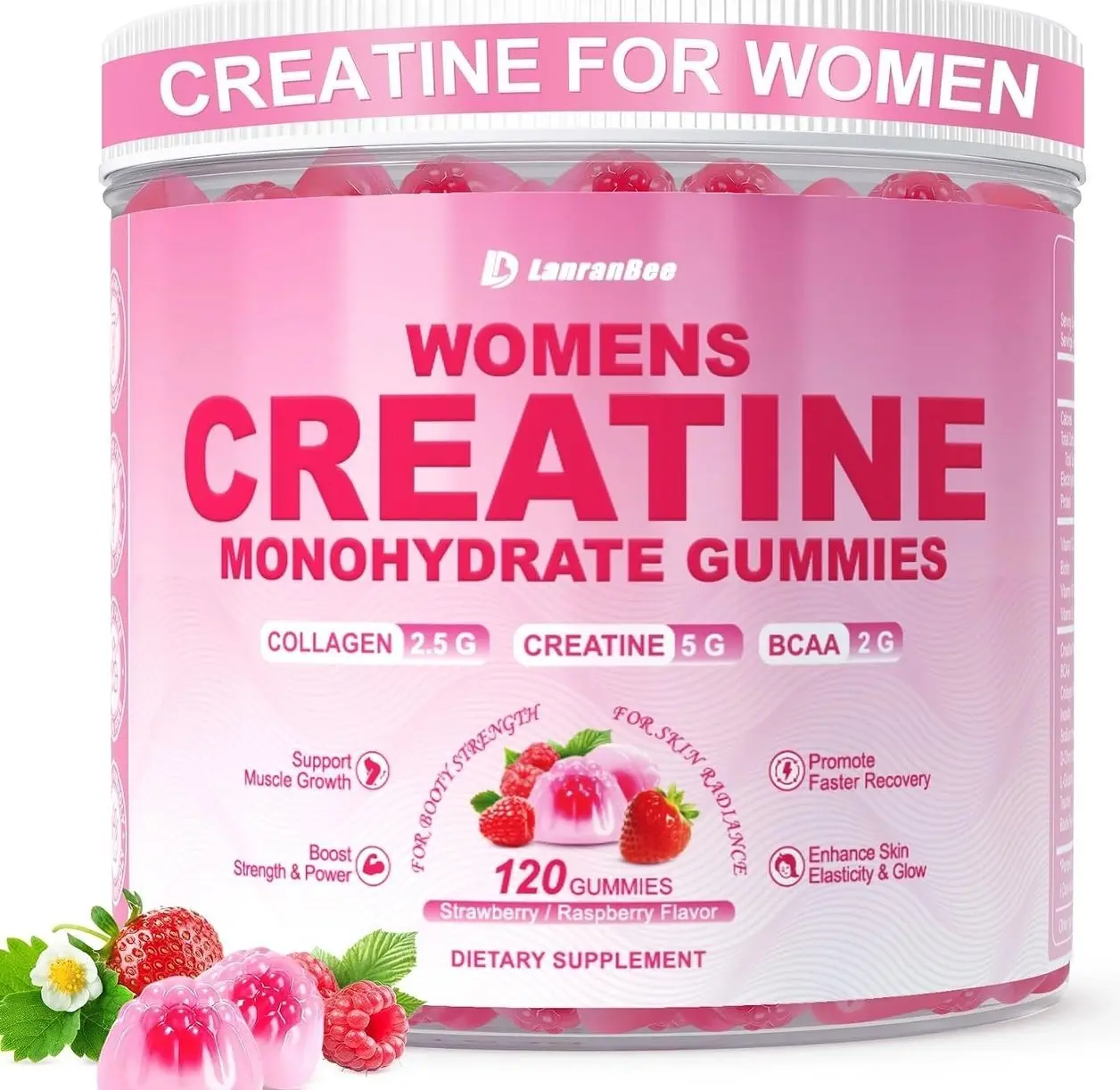 Creatine for Women, Creatine Monohydrate Gummies with Collagen, BCAA, L-Carnitine & Taurine, Strawberry Flavor, Energy Creatine Supplement for Muscle Strength, Energy Boost, Sugar Free, 120 Count