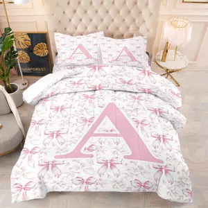 Multiple Size 3Pcs Vintage Floral Pink Bow Monogram Comforter Set, Soft Thick Microfiber, Cozy Warm & Lightweight, All Season Use, Coquette Home Decor