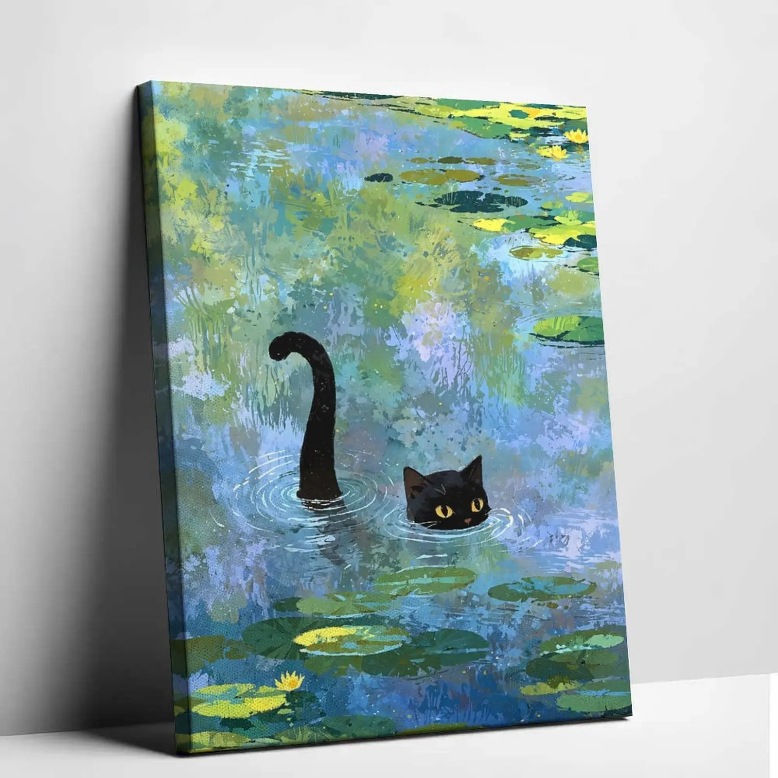 Monet-Inspired Artistic Black Cat Water Lilies Canvas Wall Art, Impressionist Pond Poster, Cute Animal Print, Aesthetic Home Decor for Living Room & Bedroom