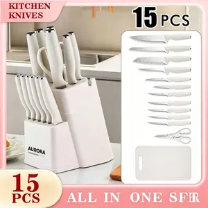 Knife Set, 15 Piece Kitchen Knife Set with BlockSelf Sharpening, Stainless Steel Dishwasher SafeAnti-slip Handle, White Utensils Kitchenware Cutting