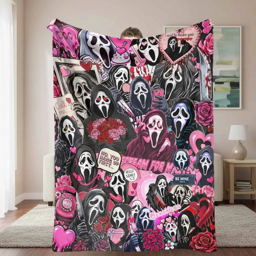 Valentine Ghost Mask Flannel Throw Blanket, Romantic Horror Art Print, Breathable Wrinkle-Resistant Durable Soft Cozy Plush Blanket for Bedroom, Halloween Gift for Horror-Romance Lovers, Breathable Soft Blanket