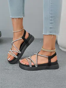 Women's Fashionable Rhinestone Decorated Cross Strappy Platform Sandals, Casual Open Toe Wedge Sandals for Beach Vacation, All-match Commuter Shoes for Work & Daily Wear, Summer