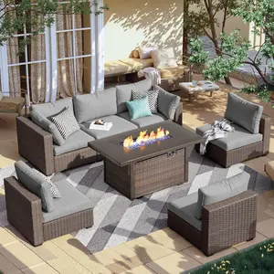 【1/2/3 packages shipping】  Grezone Patio Furniture Set with 42" Fire Pit Table,All-Weather Rattan Wicker Sofa Couch for Garden Backyard Deck Poolside,Throw Blanket,Easy To Maintain summervibes