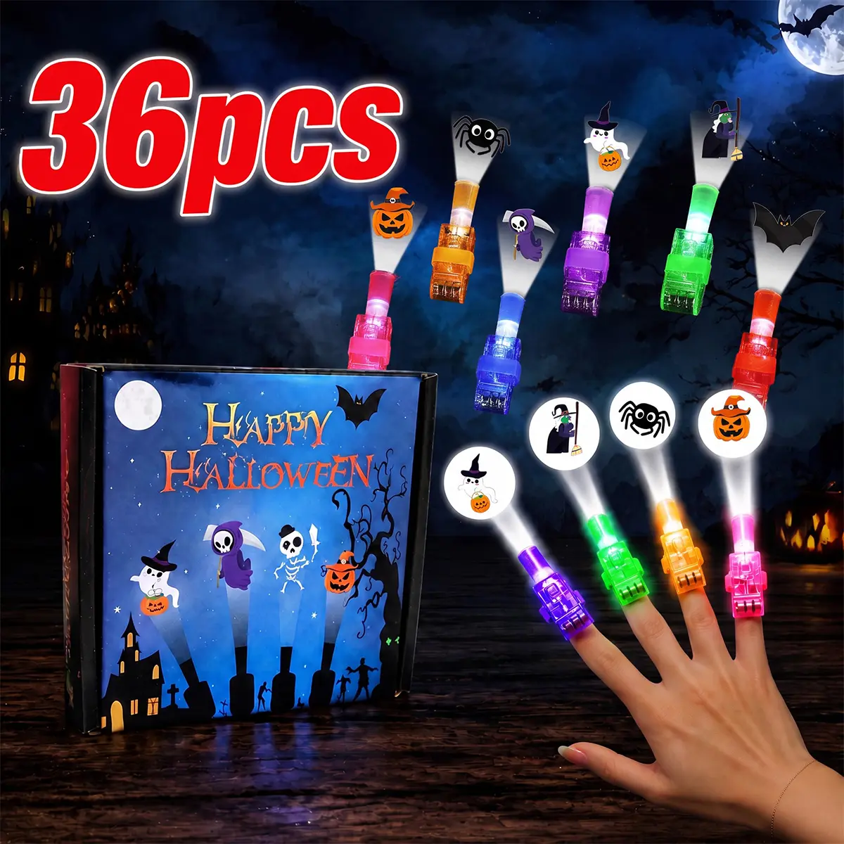 36PCS Halloween Finger Lights | Project Ghosts, Pumpkins & Witches, Glow-in-the-Dark Kids’ Party Favors & Classroom Rewards