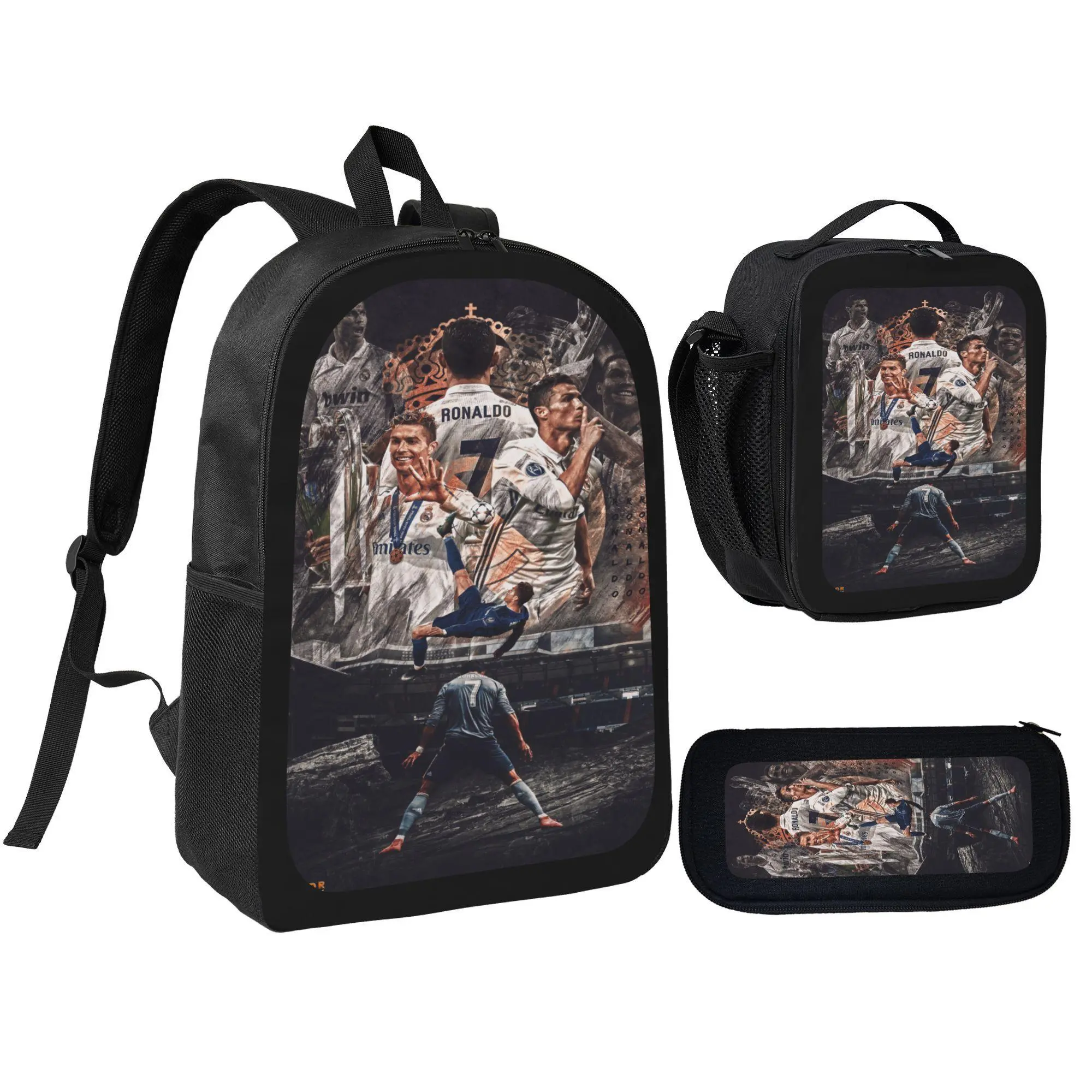 [3Pcs Cristiano Ronaldo Football Star Backpack Set] Collage & Action Print School Bag with Adjustable Strap, Multi-Pockets, Lunch Bag & Pencil Pouch for Boys Soccer Fans Back to School