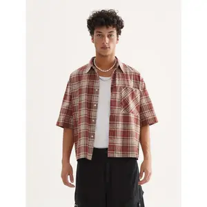 Men's Fashion Cropped Plaid Shirt -  Cotton,  Vintage Top Collar Menswear Fabric Checked summer vacation outfits vintage  Casual Tights Sleeve deals for you days  summer vibes