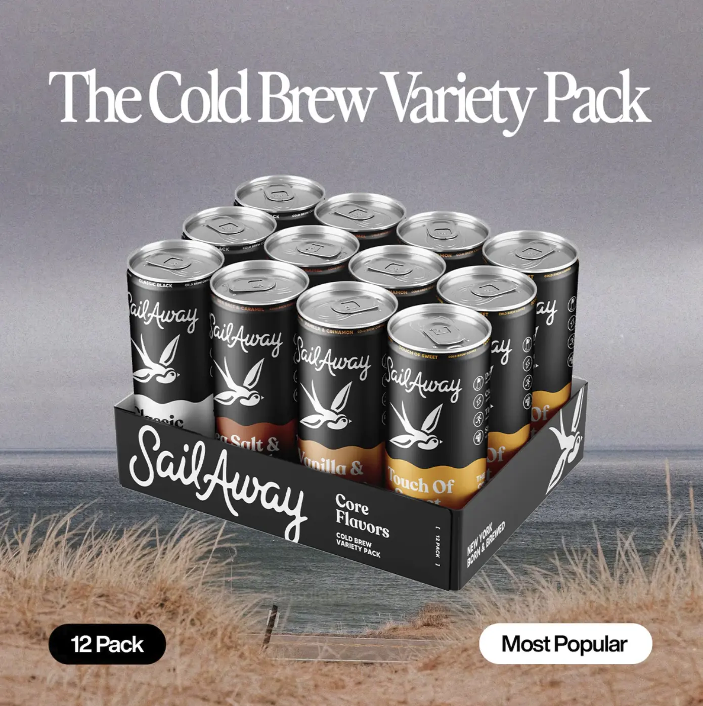 Creamy Natural Cold Brew Coffee Variety Pack - 12-Pack Vegan Sugar-Conscious Beverage, Includes Sea Salt & Caramel, Classic Black, Touch of Sweet, Vanilla Cinnamon - Dairy-Free