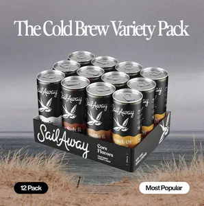 Creamy Natural Cold Brew Coffee Variety Pack - 12-Pack Vegan Sugar-Conscious Beverage, Includes Sea Salt & Caramel, Classic Black, Touch of Sweet, Vanilla Cinnamon - Dairy-Free