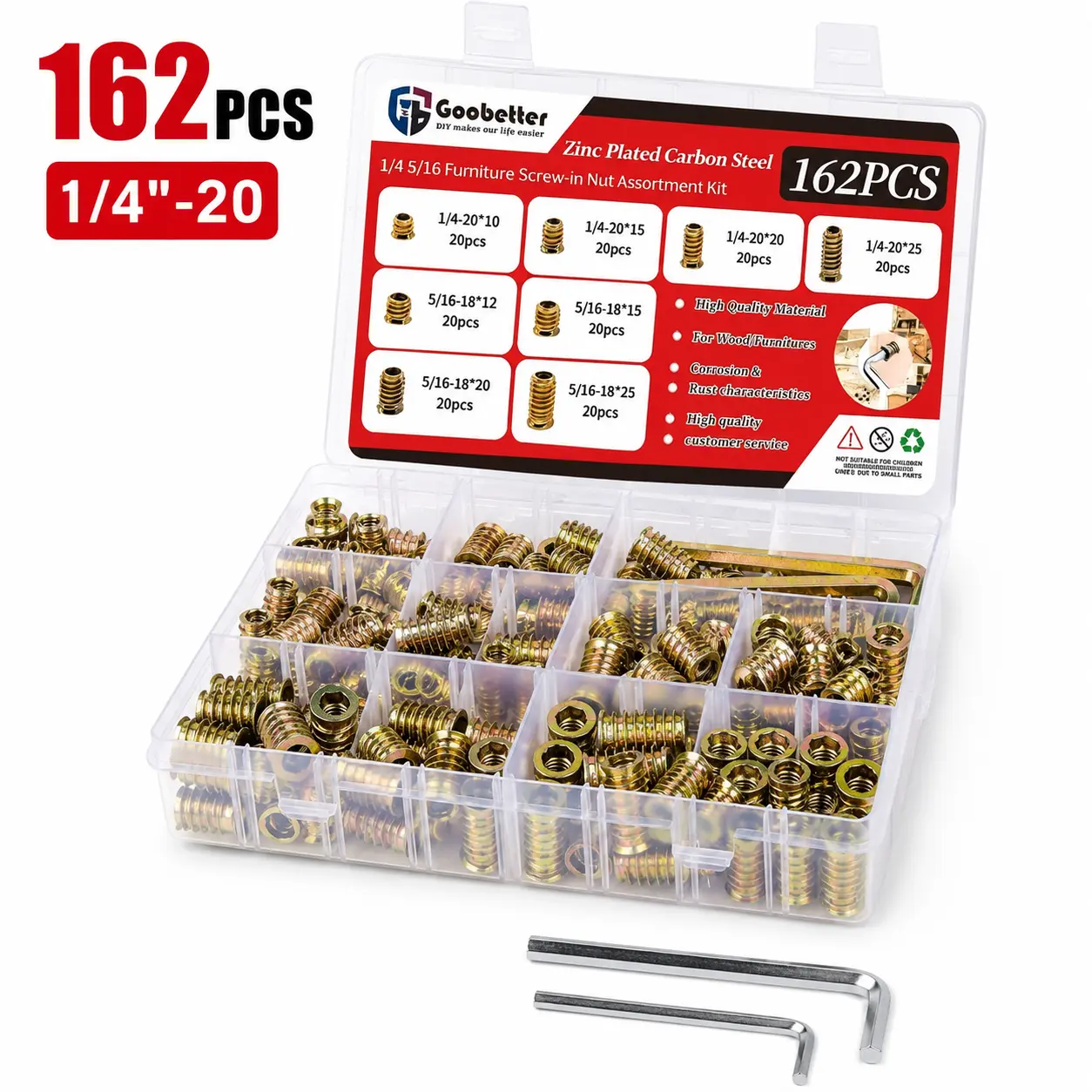 162PCS Wood Threaded Inserts Kit, Assorted Furniture Insert Nuts for Wood, 1/4"-20 Threaded Inserts Set with M6 & M8 Hex Wrenches for Furniture Repair and DIY Projects