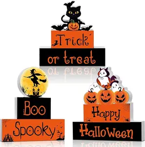 3 Pcs Halloween Wooden Sign  Table Decorations Trick or Treat Wooden Block Sign Halloween Tiered Tray Decor with Witch Hat Ghosts Pumpkin Block Sign for Home Party Tabletop Supplies S
