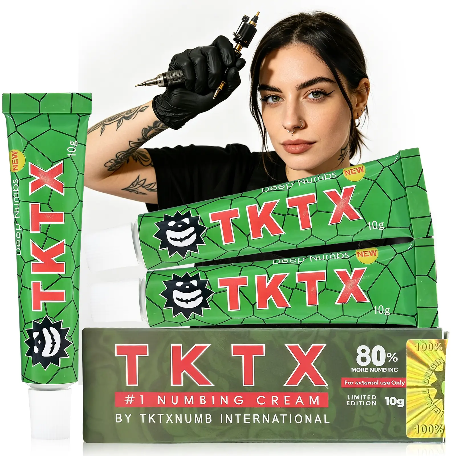 Get fully painless tattoos with TKTX Green 80% Max Strength Cream. Lidocaine-infused long-lasting numbing formula, bulk 3×10g tubes for tattoo pros & personal beauty use.
