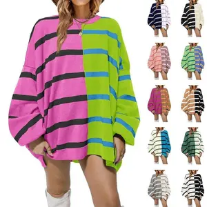 Women's Knitted Striped Hoodie Round Neck Long Sleeve Knitted Color blocked Casual Loose Lightweight Women's SweaterRAIMENTRY
