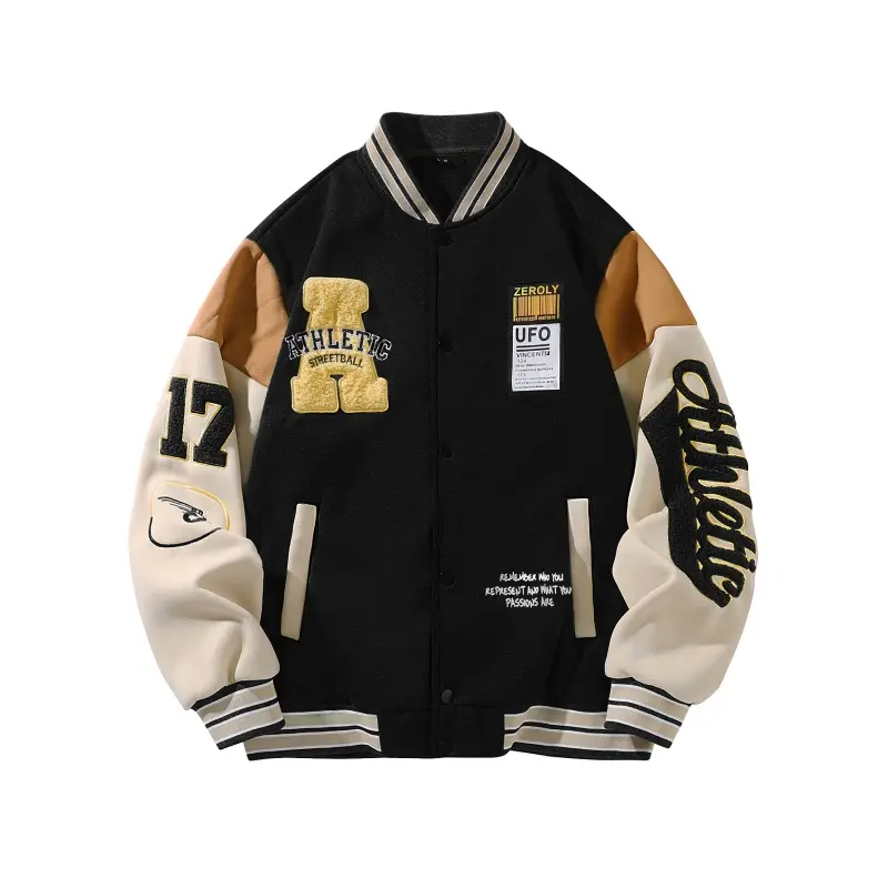 Men’s Stylish Loose Baseball Coat, Menswear Spring-Autumn Single-Piece Outerwear, Color-Block Patchwork Ribbed Striped Collar, Single-Breasted, Letter-Number Appliqué Embroidery & Text Print, Holiday Outdoor/Everyday Commuting Casual Top, Coats