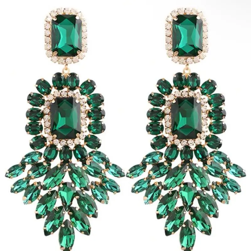 Women Crystal Rhinestone Dangle Earrings - Elegant Green Gemstone Design with Silver Accents