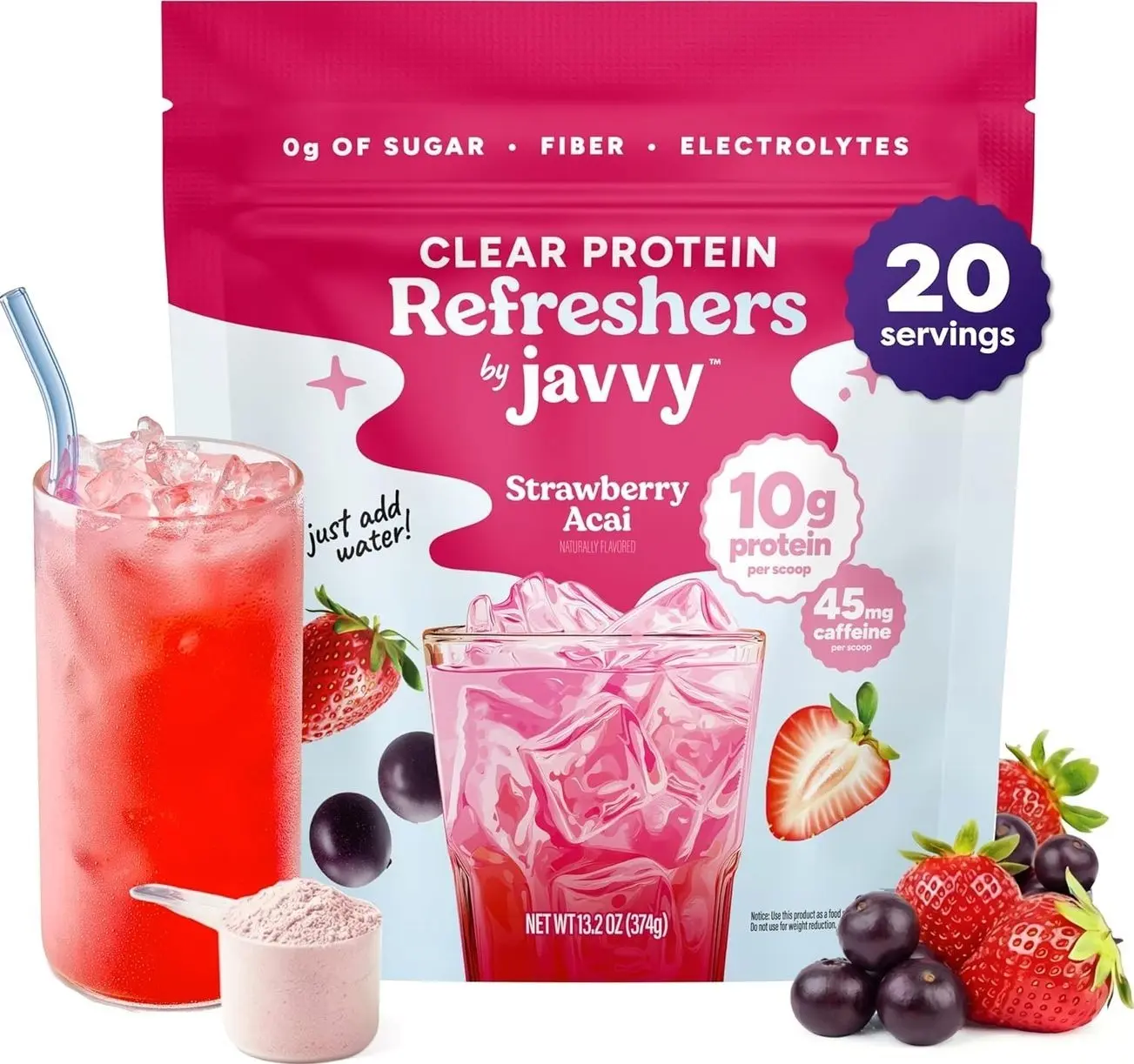 Javvy Clear Protein Refresher Drink Mix – 10g of Whey Protein and Collagen Peptides, Electrolytes Powder, Natural Flavors, 0g of Sugar, 45mg Caffeine, 20 Servings, Strawberry Berry Acai