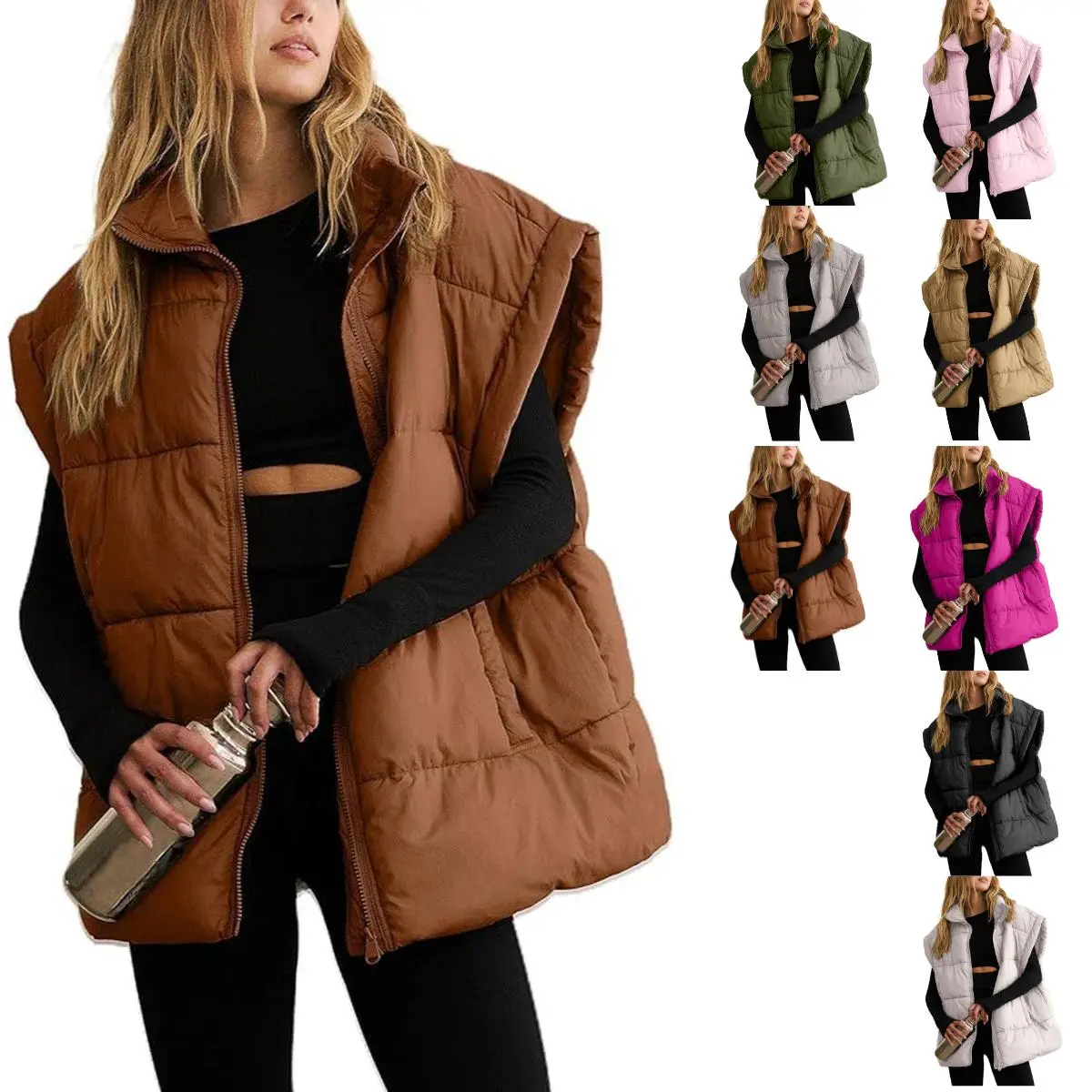 JovenPara Women's Winter Oversized Collared Lightweight Flysleeve Insulated Padded Casual Puffer Vest with Pockets, Zip-Closure Lady Outerwear, XL, Collared Neck