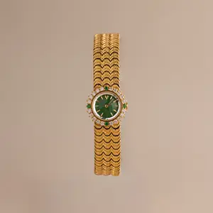 Emerald Scalloped Timepiece by Caitlyn Minimalist - Vintage Green Emerald & Diamond Gemstone Watch in 18K Gold Finish - Art Deco Jewelry - Birthday Gift
