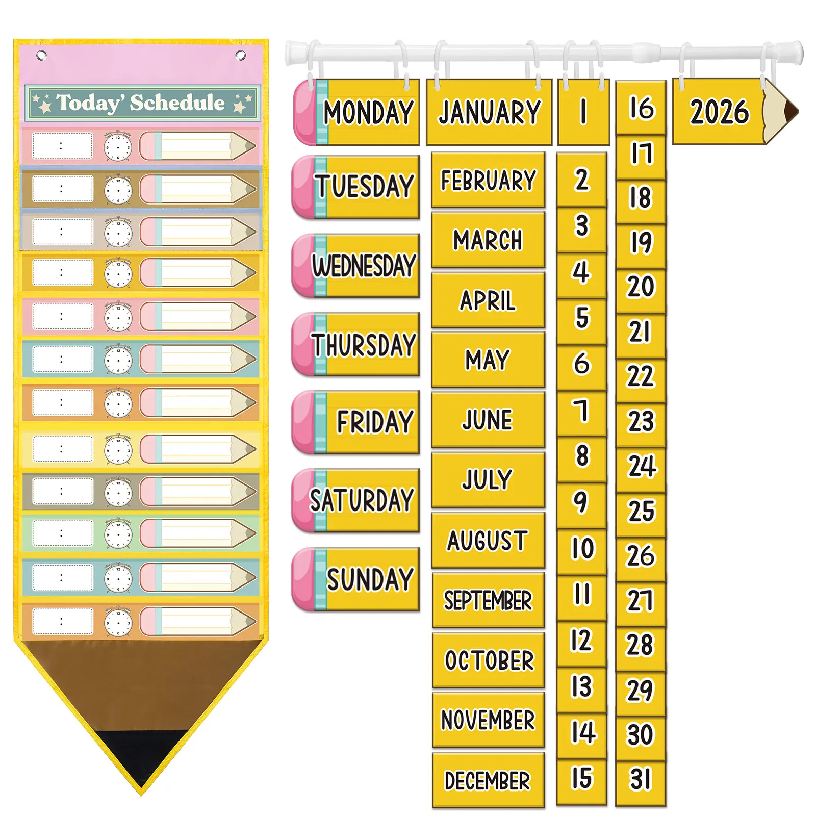 Daily Schedule Pocket Chart for Classroom & Back to School Flip Calendar for Bulletin Board White Board, with 19 Reusable Dry Erase Cards & 52 Date Cards & Rod for Preschool Kindergarten Teacher Office Classroom Decor