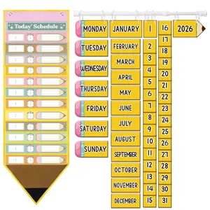 Back to School Daily Schedule Pocket Chart & Classroom Flip Calendar 2026 2027 2028 for Bulletin Board & White Board, (not metal hangers), with 19 Reusable Dry Erase Cards & 52 Date Cards & Rod for Preschool Kindergarten Teacher Office Classroom Decor