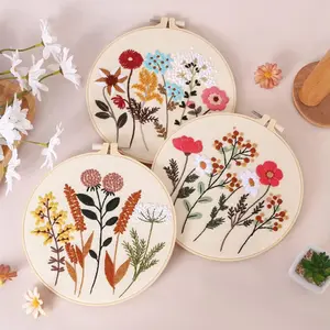 4-Pack Beginner Embroidery Kit for Adults, Easy to Learn Floral Embroidery Patterns Needlepoint Kits Include Cross Stitch Kits, Wooden Embroidery Hoops, Threads and Needles