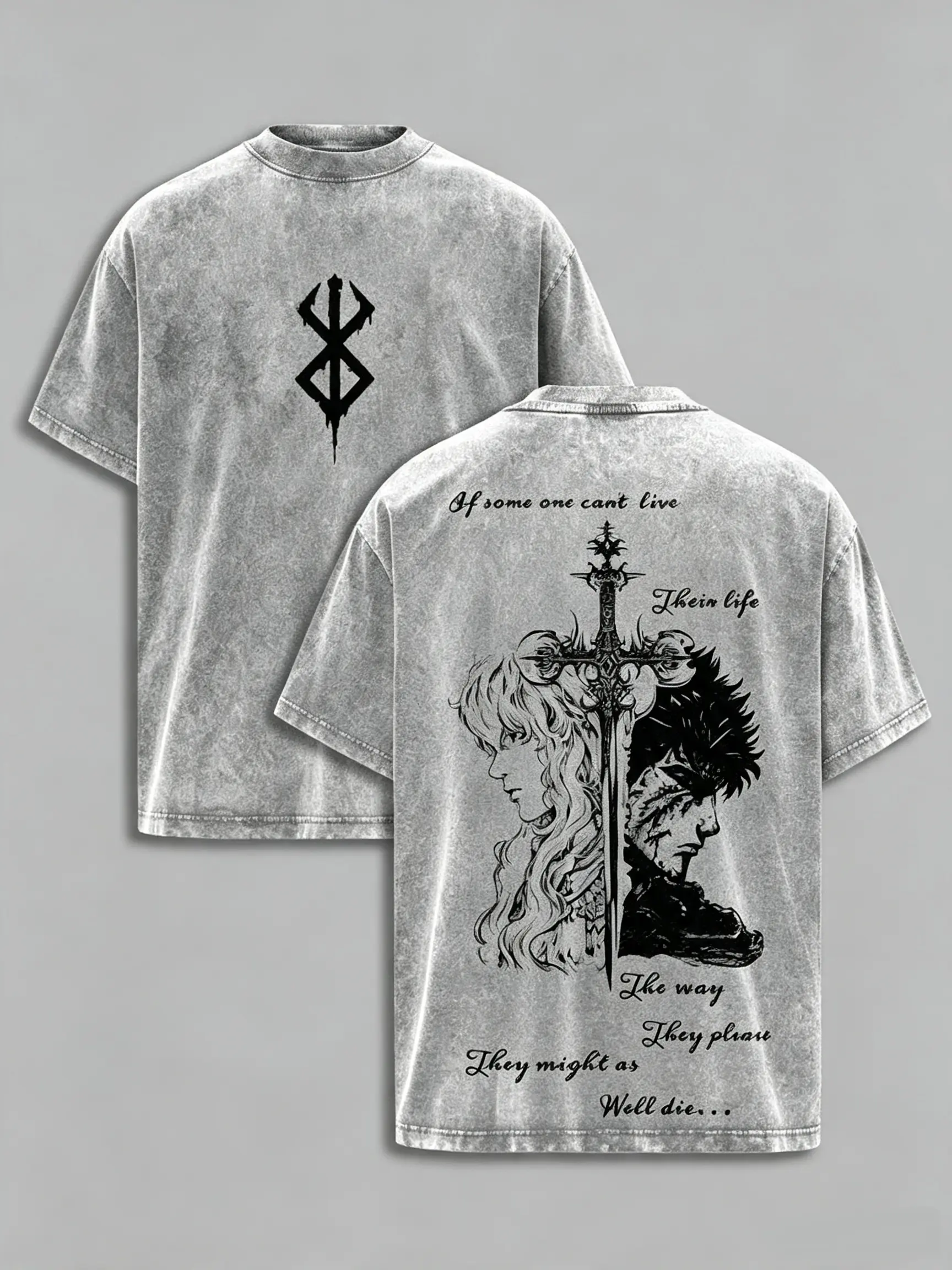 Menswear Berserk Anime Short-Sleeve Round Neck T-Shirt - Guts Griffith Vintage Washed Oversized Heavyweight Cotton Casual Graphic Print Pump Cover, Brand of Sacrifice Streetwear Double Sided Summer Top, Shortsleeve, Gym Tee