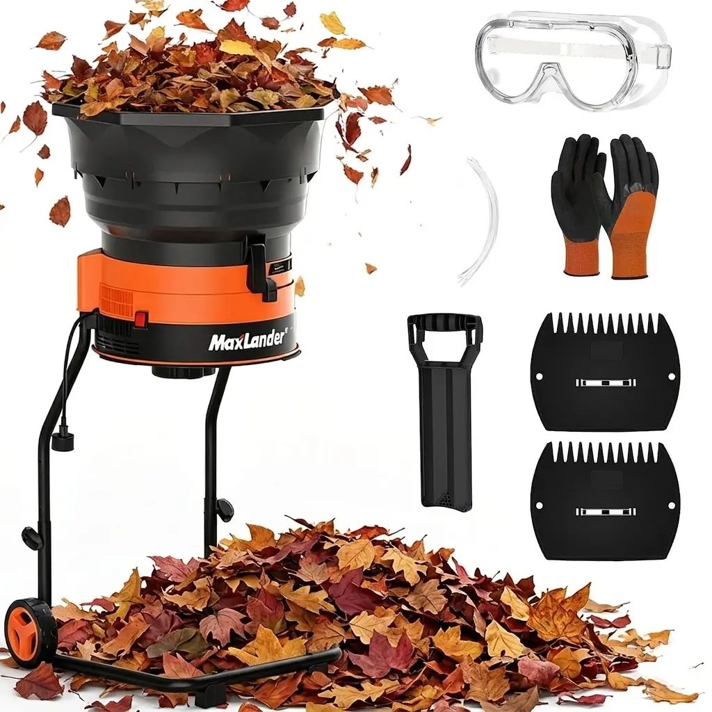 MAXLANDER Portable Leaf Mulcher & Shredder with Ultimate Tool Box Kit (Goggles, Scoops, Gloves, Spade, 20 Lines), 15 Amp 8400 RPM Electric Garden Grinder with Adjustable Dial for Wet/Dry Yard Waste