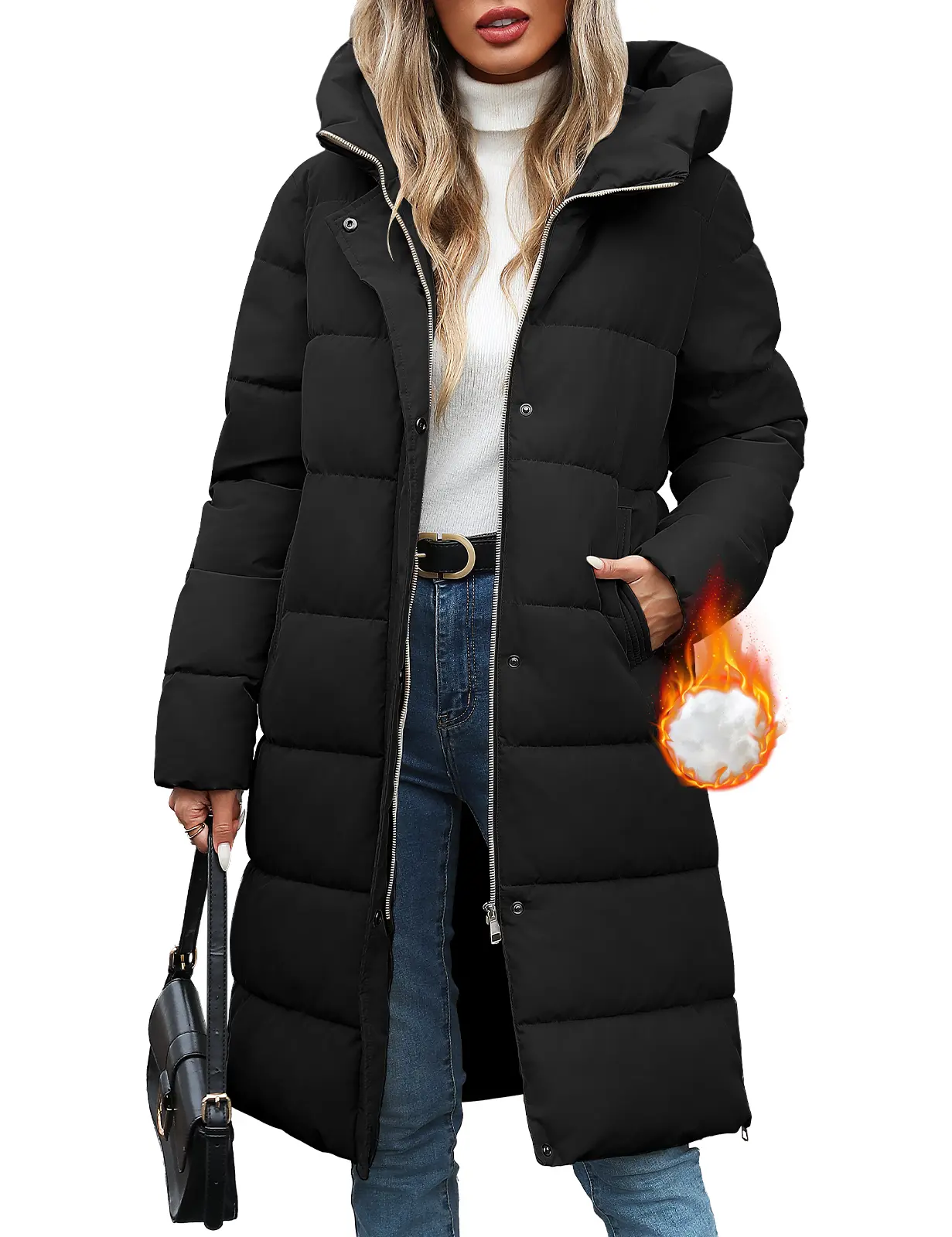 Womens Winter Long Puffer Coats Down Thicken Warm Quilted Jacket Mid-Length with Side Zipper and Hood Outerwear