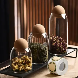 High Borosilicate Transparent Glass Food Storage Sealed Jars Set, Handwritten Labels, Wood Ball Lid, Ideal for Coffee Beans, Sugar, Tea, Salt
