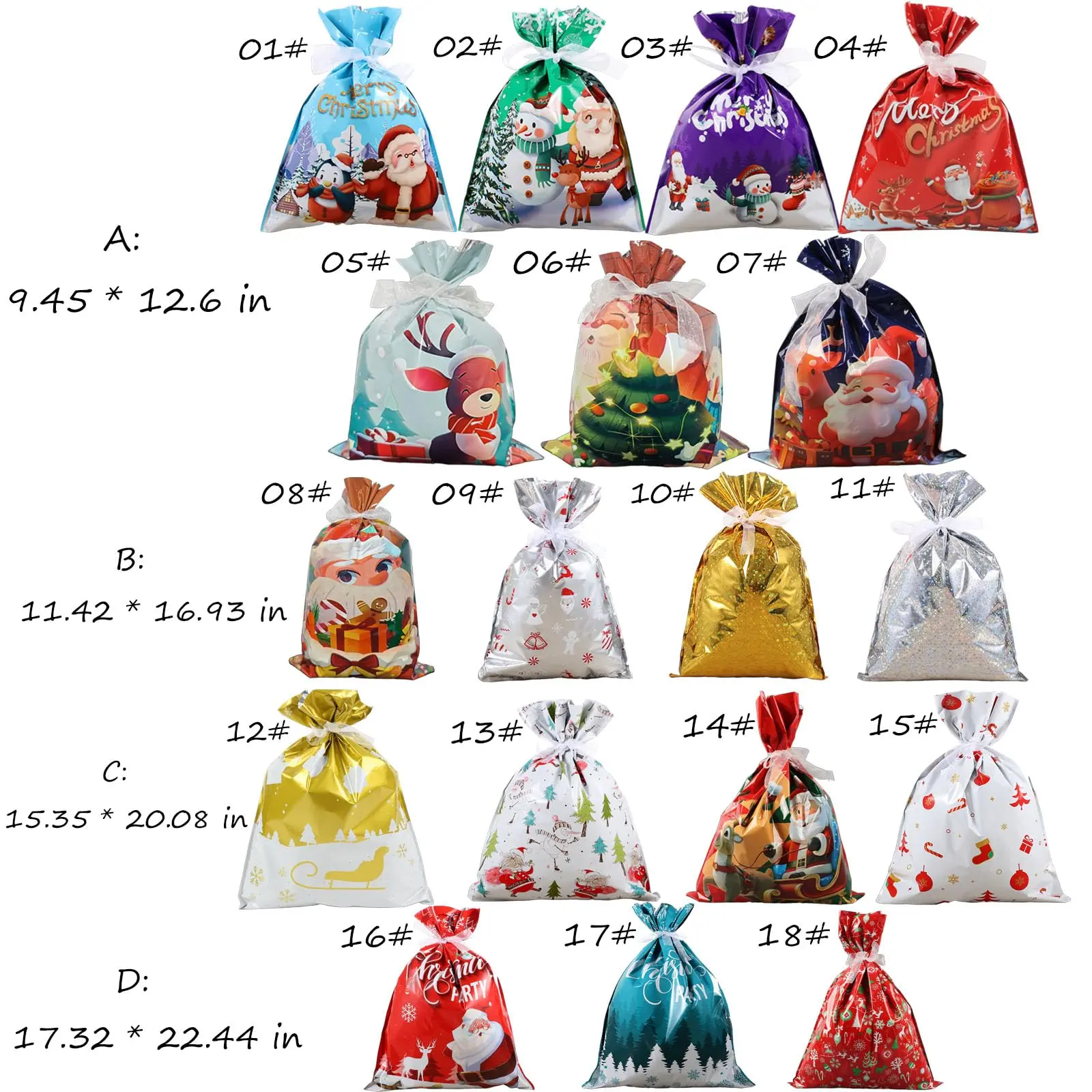 18PCS Gift Bag Set – Extra Large, Large, Medium, and Small sizes; festive holiday gift bags with 18 unique Christmas designs, includes 18 cards and 18 ribbons; perfect for Christmas gifts and celebrations.