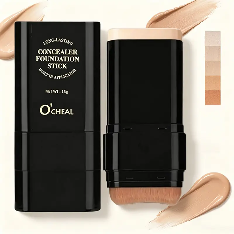 2-in-1 Compact Foundation Stick with Built-In Brush, Gentle Sensitive Skin Cosmetic, Long-Lasting Full Coverage Concealer, Natural Matte Finish, Waterproof, Sweatproof, Blemish-Blurring, Easy-to-Blend, Daily Travel-Size Makeup, Lightweight, Flawless