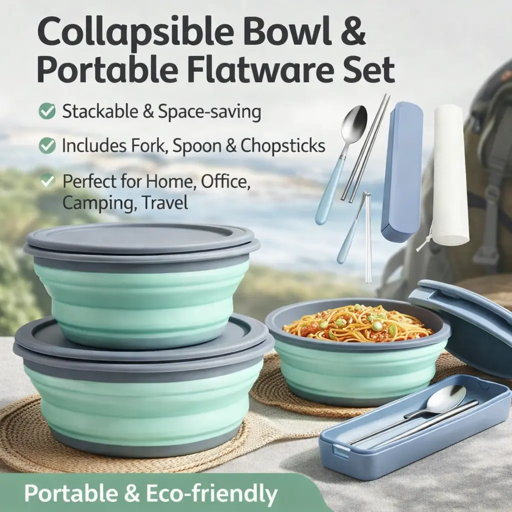 Collapsible Food Grade Silicone Bowl with Lid - Heat-Resistant, Microwave-Safe, Compact Portable Tableware for Camping Cooking, RV Use, Space-Saving Kitchen Supplies for Salad, Soup, Ramen, Collapseable