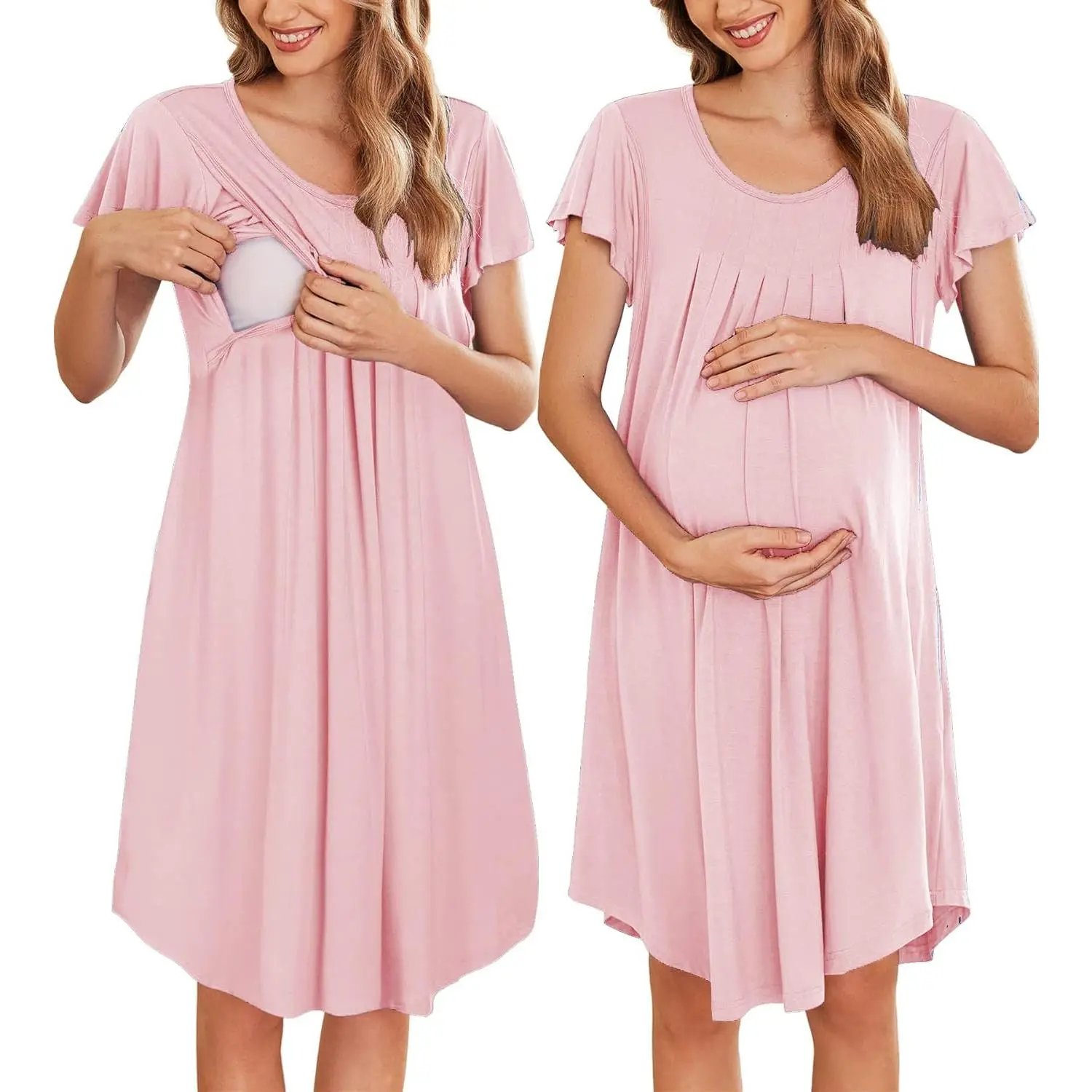 Women's Maternity Nursing Nightgown, Solid Short Sleeve Pleated Sleepwear Dress for Hospital Labor and Delivery, Breastfeeding