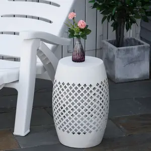 12" Steel Outdoor Side Table – Round Hollow Drum Patio End Table with Geometric Pattern, 11.8" Dia x 18" H, 22 lbs Capacity, for Indoor, Outdoor, Boho Charm, White