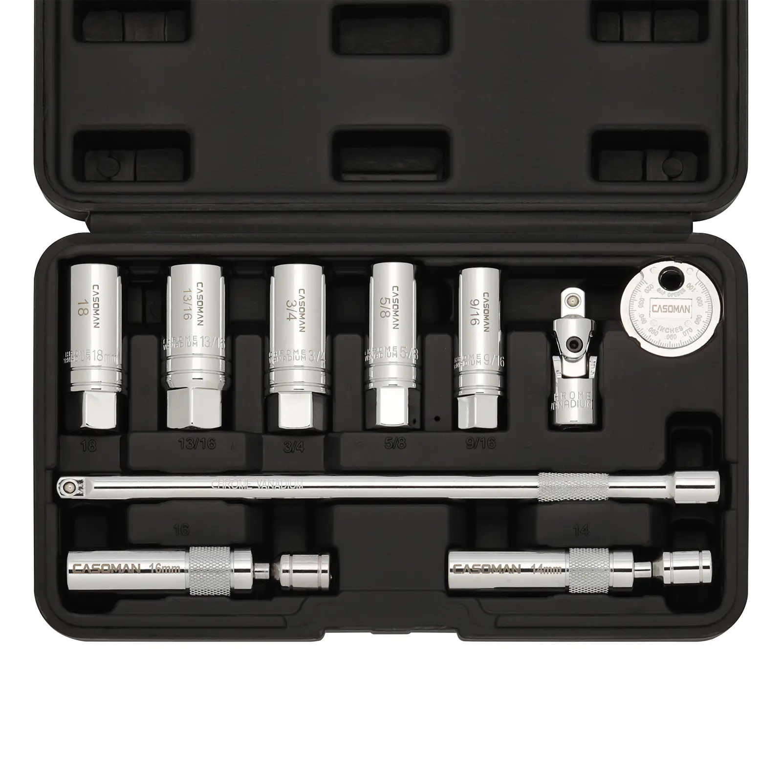 CASOMAN 10PCS 3/8" Drive Magnetic Spark Plug Socket Wrench Set - 6PT & 12PT CR-V Steel Mechanic Tools, Includes Extension Bar, Universal Joint, Spark Plug Gapper, Magnetic Socket Standard for Car Automotive Use sohochic